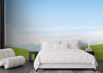 Vector illustration: Summer panoramic cartoon flat landscape with mountains, hills and green field. Wall mural