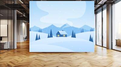 Vector illustration: Winter cartoon mountains landscape with house and smoke from chimney. Wall mural