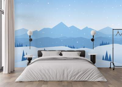 Vector illustration: Winter snowy Mountains landscape with hills and pines Wall mural