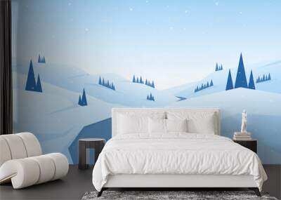 Winter snowy flat cartoon mountains landscape with road, hills and pines. Christmas background. Wall mural