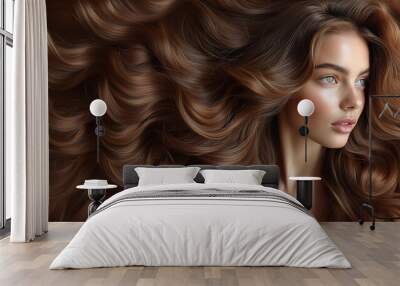 Beauty portrait of young beautiful woman and silky curly hair and make up as banner for hair treatment advertiding.Space for text.AI Generative. Wall mural