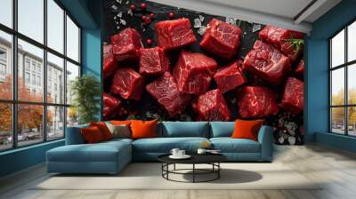 Cubed pieces of raw low fat goulash beef pieces on table wit herbs and spices.Macro.AI Generative. Wall mural