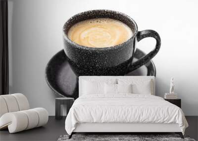 Fresh creamy black coffee in black cup with saucer on white background. Wall mural