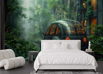 Futuristic electric eco car in large green city with plants and grass.Concept of no oil and green energy.Macro.AI Generative. Wall mural