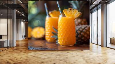 Glasses of fresh cold sweet pineapple juice with slices on table and harvest plantation field background.Macro.AI Generative. Wall mural