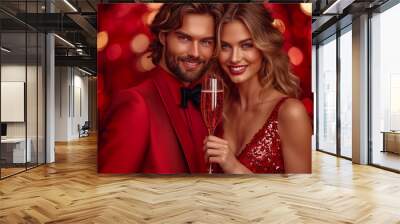 Happy beautiful couple wearing red fashion outfit holding champagne glass and partying glamour fashion party.Macro.AI Generative Wall mural