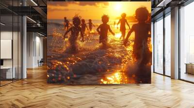 Happy kids having good time on the beach on sunny summer evening.Macro.AI Generative. Wall mural