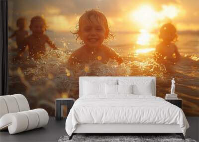 Happy kids playing in sea on the beach on sunny summer evening on holiday.Macro.AI Generative. Wall mural