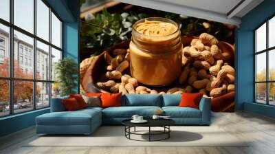 Jar with peanut butter with peanuts on wooden background.Macro.AI Generative. Wall mural