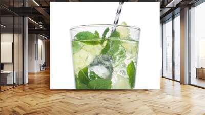 Luxury glass of Mojito summer alcoholic cocktail with ice cubes mint and lime on white with steel spoon Wall mural