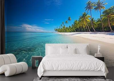 Luxury resort seascape with calm island beach with palms and blue ocean.Landscape.AI Generative. Wall mural