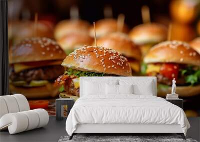 Mini burgers with vegetables,cheese and tomato sauce on wooden table.Macro.AI Generative Wall mural