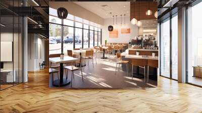 Modern interior food and snack cafeteria with chairs and tables.Empty.AI Generative Wall mural