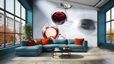 Pink rose,red and white wine glasses on light background with shadows. Wall mural