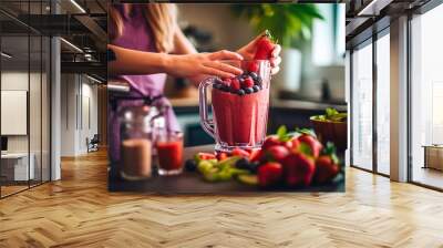 Preparation of  healthy vegan fruit and berry smoothie cocktail in kitchen.Macro.AI Generative Wall mural