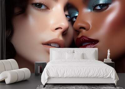 Two beautiful young women models with beauty fashion glamorous makeup.Macro.AI Generative Wall mural