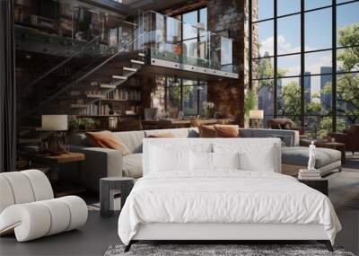 Two level loft apartment with modern design and all furniture inside with large window and city view.Macro.AI Generative Wall mural