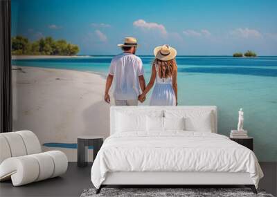 Young couple on the beach with white soft sand and blue ocean.Macro.AI generative. Wall mural