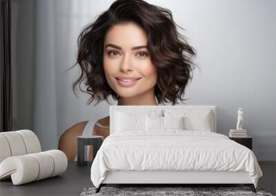 A happy, beautiful woman, 35 years old, with natural hair and a bright smile against a light background. Wall mural