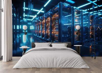 A modern data center featuring multiple servers, each equipped with glowing LED lights. Wall mural