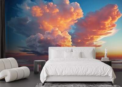 Beautiful sunrise over ocean or sea. Blue sky and colorful cumulonimbus cloud over water surface. Wall mural