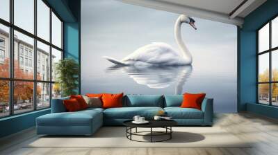 Beautiful white swan swimming on water with reflection in thick fog on the lake Wall mural