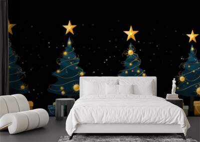 Christmas trees with gift boxes with bows on black background, illustration drawn cartoon style panorama. Presents for Christmas or New Year. Wall mural