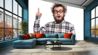 Crazy bearded Man with funny Haircut in eye Glasses, having idea and pointing finger up. Happy Surprised guy in plaid shirt isolated on white. Emotions, business, advertising and signs concept. Wall mural