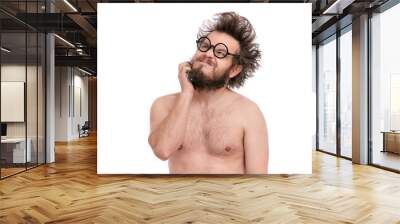 Crazy naked bearded Man with funny Haircut in eyeglasses scratching messy beard, isolated on white background. Emotions and signs concept. Wall mural