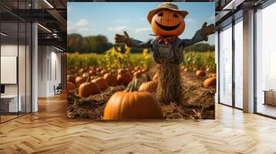 Funny scarecrow figure with a carved pumpkin head with smile stands amidst a field of vibrant orange pumpkins, creating festive autumn scene. Halloween on pumpkin patch. Wall mural