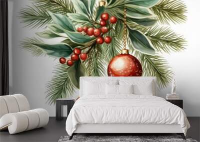 Green Christmas tree branch with christmas decorations for design on white background Wall mural