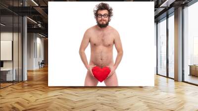 Happy Valentines Day. Crazy bearded Man with funny Haircut in eye Glasses. Happy and silly guy in Love, isolated on white background. Cheerful naked man with Red plush Heart. Wall mural