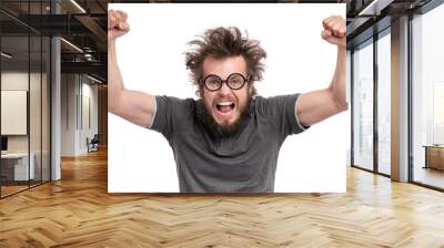 Happy winner. Crazy bearded Man with funny Haircut in eye Glasses celebrating his success. Guy make victory gesture, screaming and keeping mouth open, isolated on white background. Wall mural