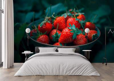 red fresh delicious strawberries in a bowl Wall mural