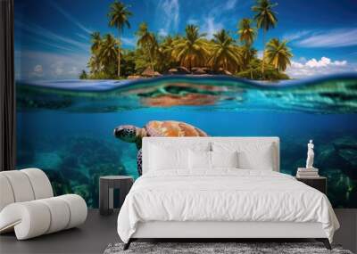 Sea turtle swimming in clear blue waters. Split view with waterline. Small tropical island with palm trees in the middle of an ocean. Wall mural