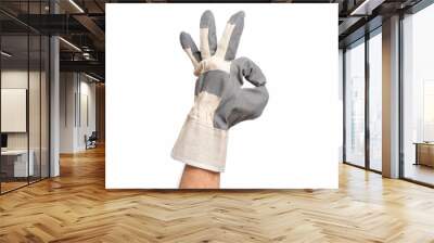 Worker showing gesture - ok sign. Male hand wearing working glove, isolated on white background. Wall mural