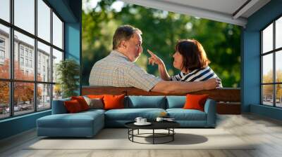 Back view mature couple fooling around on the bench. Retired man and woman having fun in the park. Wall mural