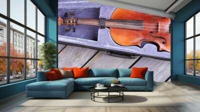 Brown violin in velvet case. Instrument of classical music on rustic wooden boards. Favorite string instrument. Wall mural