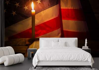 Burning candle and open book. America's flag behind burning candle. Night at old church. Never lose faith. Wall mural