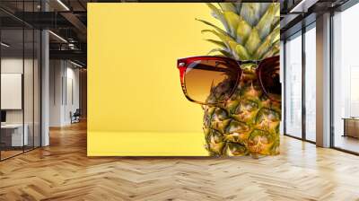 Close up pineapple in sunglasses and copy space. Fresh hawaiian pineapple wearing sunglasses on yellow background with text space. Wall mural