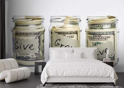 Glass jars stuffed with dollars. Investment in future. Wall mural