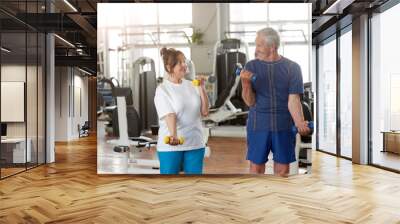 happy senior couple training with dumbbells in gym. smiling elderly people exercising at fitness cen Wall mural