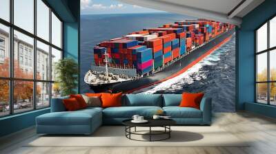 A large cargo ship sailing through clear blue waters, loaded with colorful shipping containers under a bright sky Wall mural