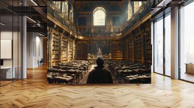 A scholar gazes at the grand architecture of an ancient library filled with shelves of books in a tranquil atmosphere Wall mural