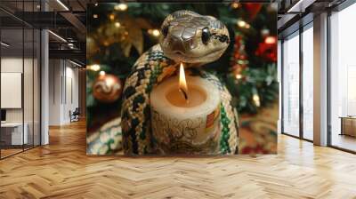 A vibrant snake curls around a lit candle, set against a festive background with colorful ornaments during the holiday season Wall mural