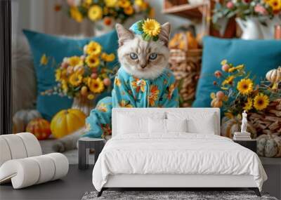 Adorable Cat Dressed in Floral Pajamas Posing With Pumpkins and Flowers for Autumn Photo Shoot Wall mural