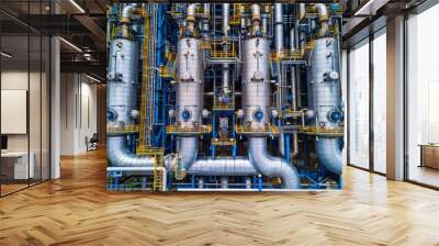 Aerial view of industrial metallic structures and pipelines at a processing plant surrounded by greenery Wall mural