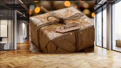 Beautifully wrapped Christmas gift with golden decorations and a charming tag displayed against a festive, blurred background Wall mural