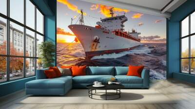 Cargo ship sailing across the ocean at sunset near the horizon Wall mural