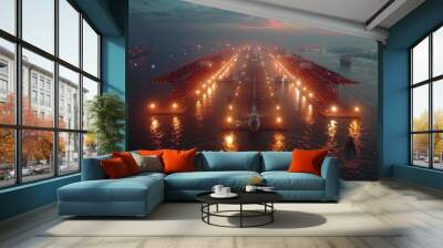 Container port at night illuminated by lights with ships docked along the waterfront Wall mural